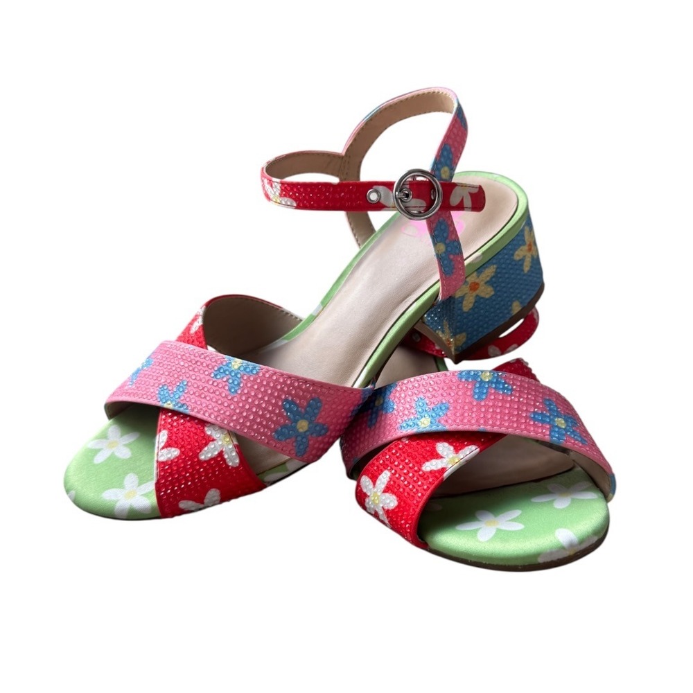 GB Girls Floral Block Heel Sandals Multicolor Daisy Print Dress Shoes Size 2